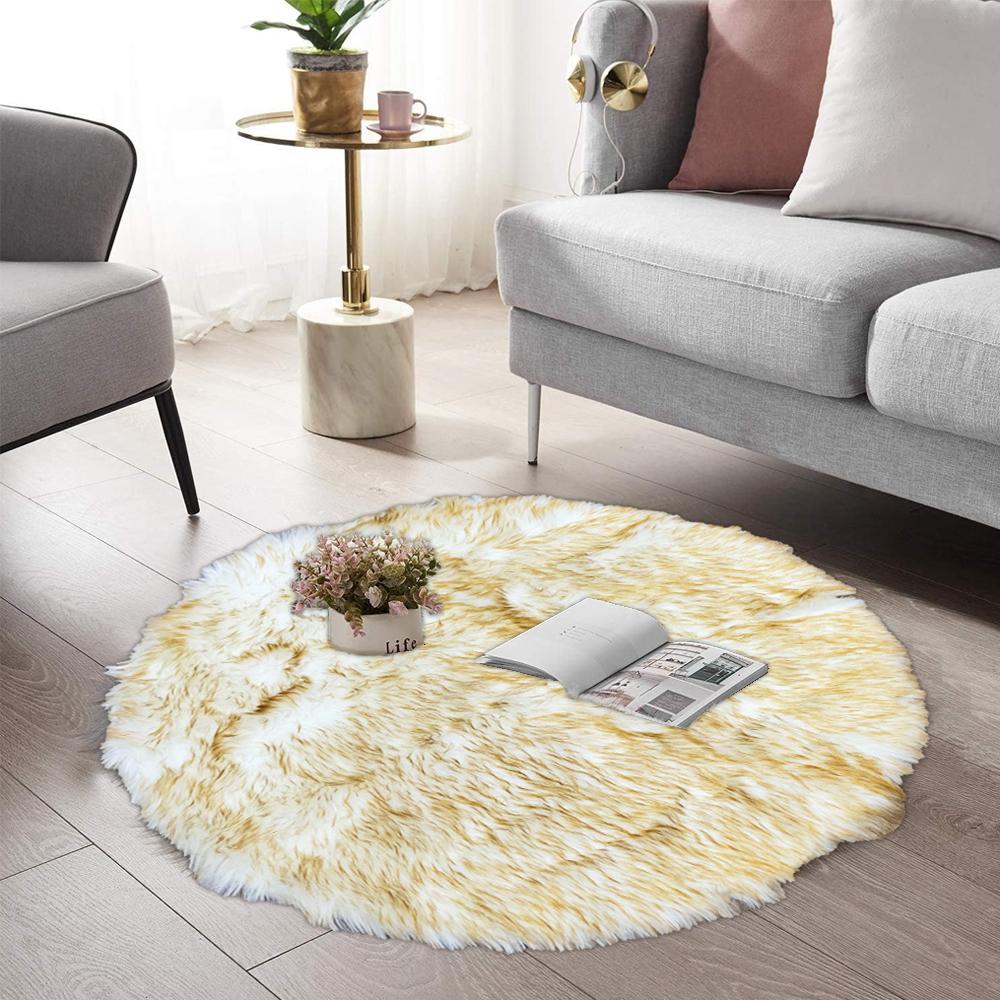 Round Shape Furry Rug (90CM)- Yellow - White