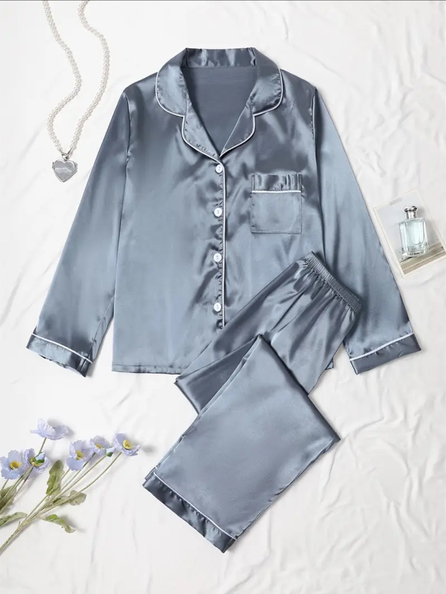 Silk Loungewear Suit - Silver Grey