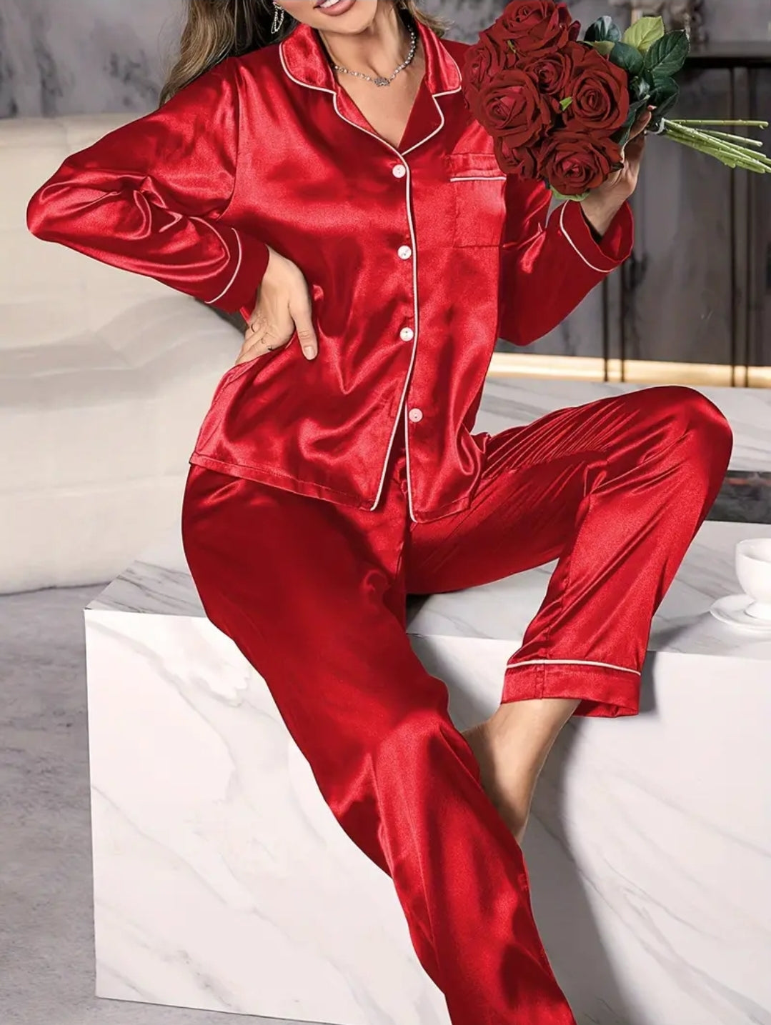 Silk Loungewear Suit - Maroon