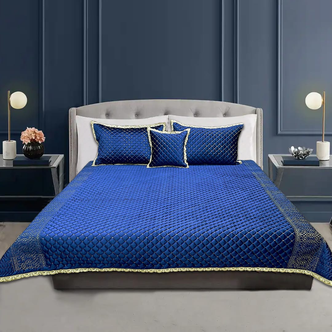 Velvet Heavy Embroidered Bed Spread 4Pcs - Blue