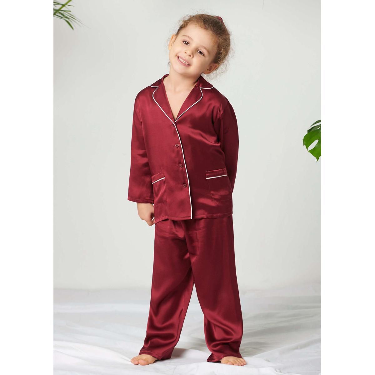 Kids Silk Night Suit - Maroon