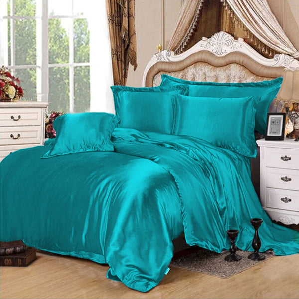 4 Pcs Satin Silk Bed Set - Aqua Blue
