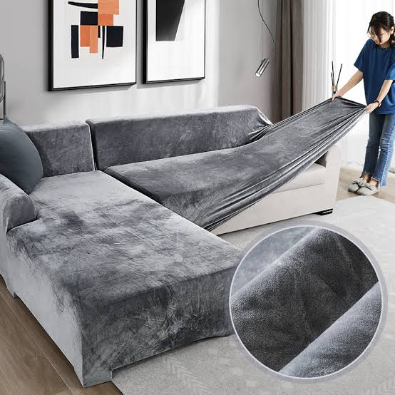 L Shape Velvet Plush Sofa Cover - Grey