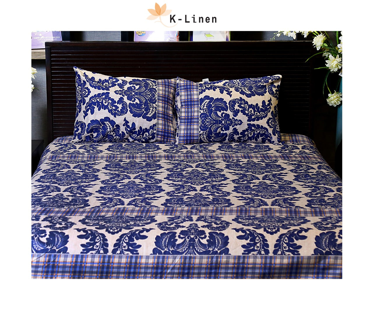 Stitched Blue Print Bed Sheet Set