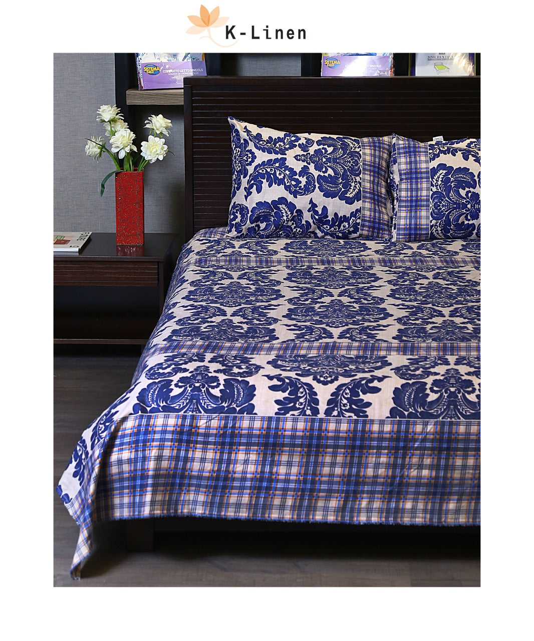 Stitched Blue Print Bed Sheet Set
