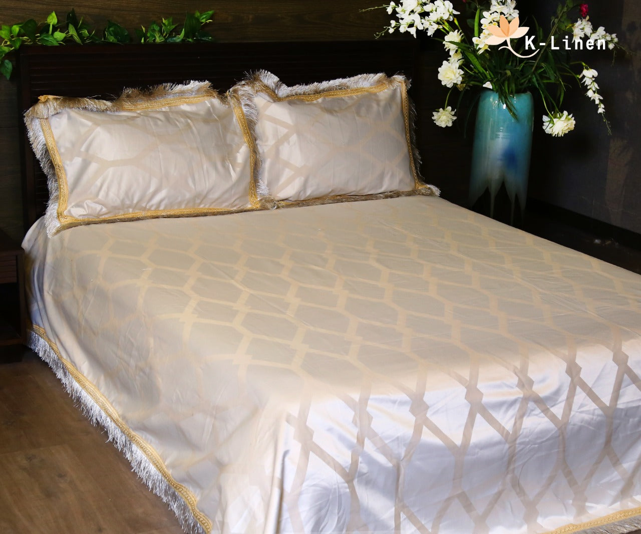 Palachi Satin Bed Sheet Set - Golden & Skin