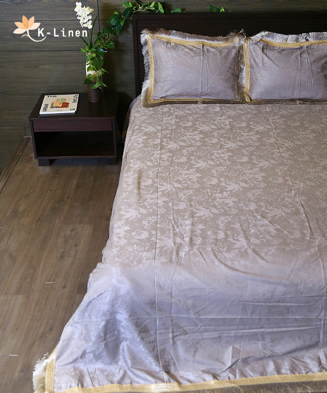 Palachi Satin Bed Sheet Set - Golden & Grey