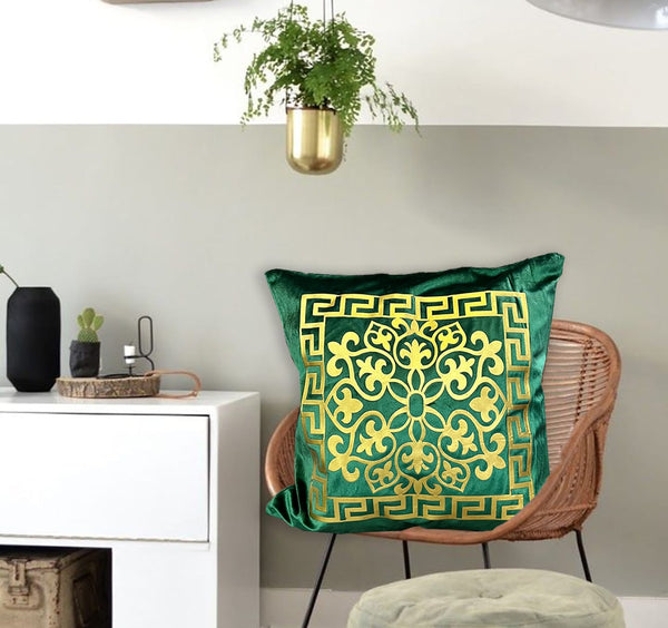 Velvet Premium Cushion Cover - Green & Golden - Pack Of Two